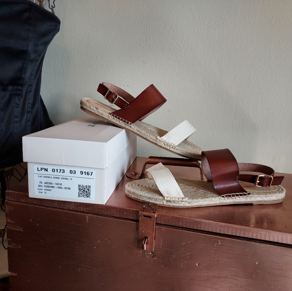 Brown faux leather/canvas sandals,  size 10